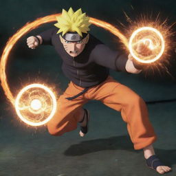 Depict an image where Naruto's enemy is being thrown back by the impact of the Rasengan. The image should focus on the enemy's reaction mid-flight, with debris and sparks flying around from the power of Naruto's attack.