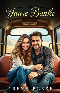 A captivating book cover featuring a beautiful woman and a handsome man sitting closely together inside a vintage bus