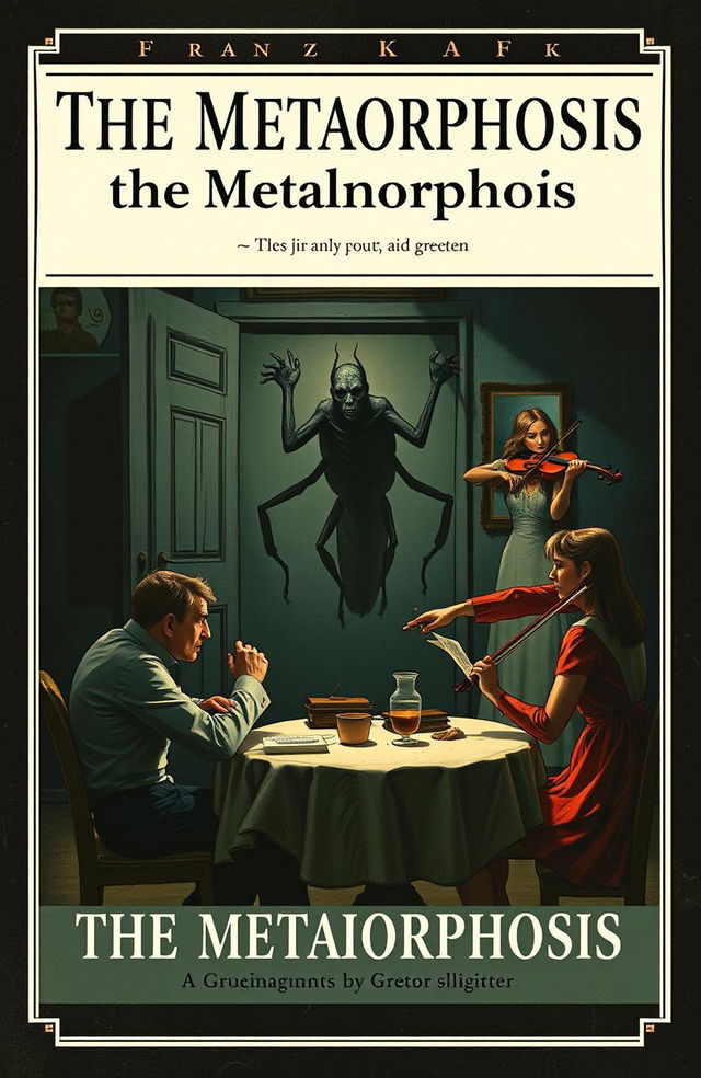 A dramatic book cover illustrating a poignant moment from "The Metamorphosis" by Franz Kafka