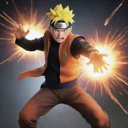 Depict an image where Naruto's enemy is being thrown back by the impact of the Rasengan. The image should focus on the enemy's reaction mid-flight, with debris and sparks flying around from the power of Naruto's attack.