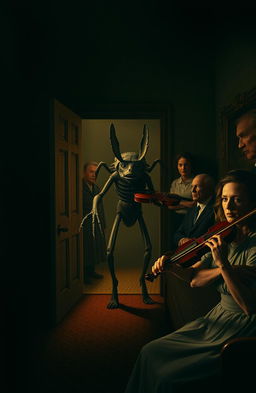 A surreal and dramatic scene inspired by Franz Kafka's "The Metamorphosis"