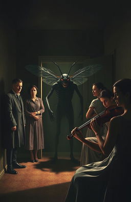 A surreal and dramatic scene inspired by Franz Kafka's "The Metamorphosis"