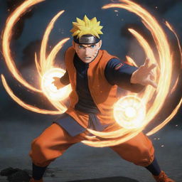 Depict an image where Naruto's enemy is being thrown back by the impact of the Rasengan. The image should focus on the enemy's reaction mid-flight, with debris and sparks flying around from the power of Naruto's attack.