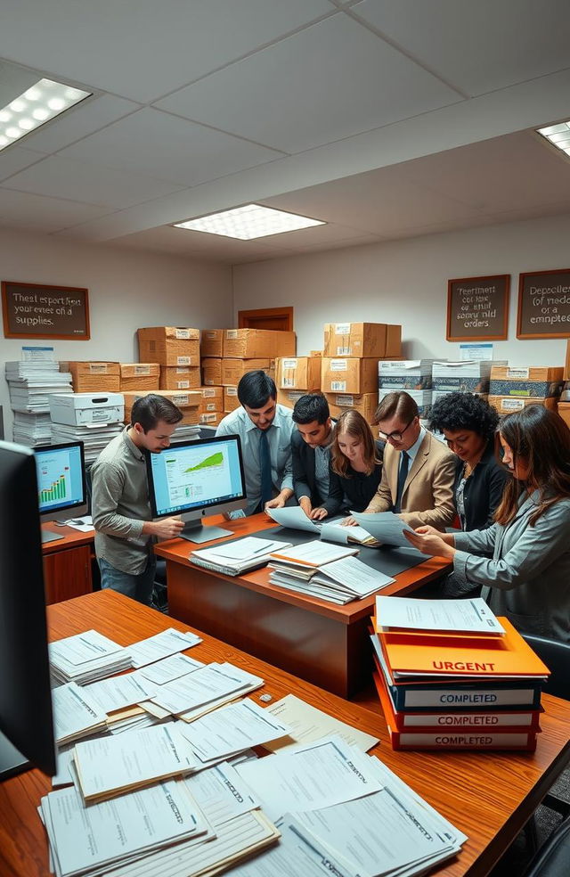 A professional office scene depicting the collection of essential orders for the Department of Food & Supplies