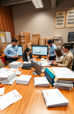 A professional office scene depicting the collection of essential orders for the Department of Food & Supplies