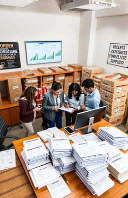 A professional office scene depicting the collection of essential orders for the Department of Food & Supplies