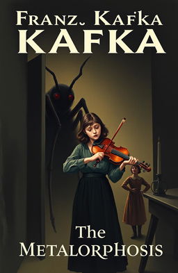 A dramatic book cover illustration for Franz Kafka's "The Metamorphosis" showcasing the intense moment when Gregor Samsa emerges from his room