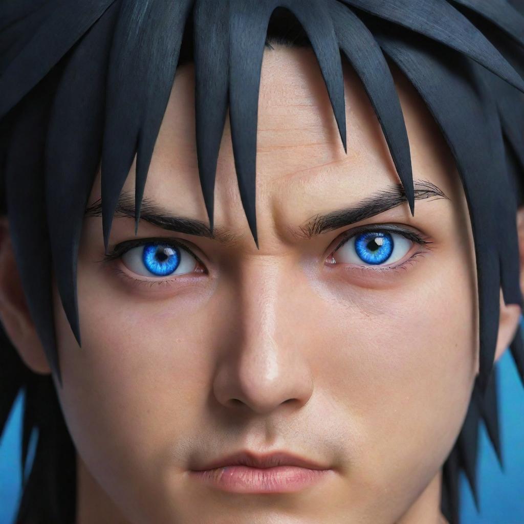 Highly detailed, full-color portrait of Sasuke from Naruto Shippuden. Capture his distinctive spiky black hair, blue eyes, and visible Sharingan.