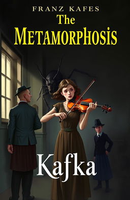 A dramatic book cover illustration for Franz Kafka's "The Metamorphosis" showcasing the intense moment when Gregor Samsa emerges from his room