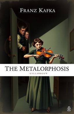 A dramatic book cover illustration for Franz Kafka's "The Metamorphosis" showcasing the intense moment when Gregor Samsa emerges from his room