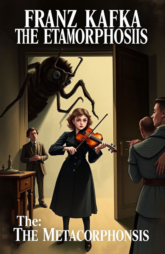 A dramatic book cover illustration for Franz Kafka's "The Metamorphosis" showcasing the intense moment when Gregor Samsa emerges from his room