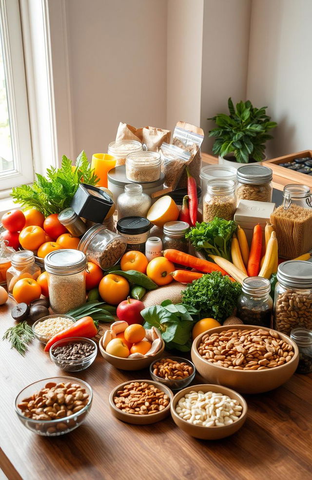 A visually captivating collection of essential food items and supplies arranged artistically on a wooden table