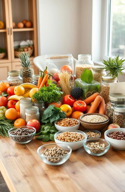 A visually captivating collection of essential food items and supplies arranged artistically on a wooden table