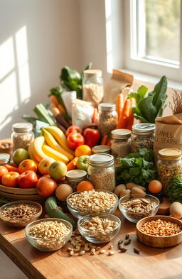 A visually captivating collection of essential food items and supplies arranged artistically on a wooden table