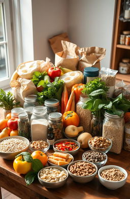 A visually captivating collection of essential food items and supplies arranged artistically on a wooden table