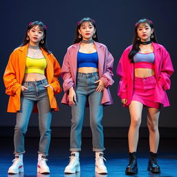 Three vibrant K-pop trios featuring Jina, Mia, and Sara