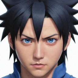 Highly detailed, full-color portrait of Sasuke from Naruto Shippuden. Capture his distinctive spiky black hair, blue eyes, and visible Sharingan.