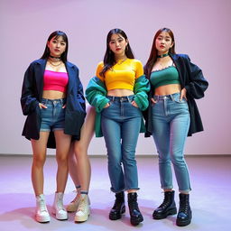 Three vibrant K-pop trios featuring Jina, Mia, and Sara