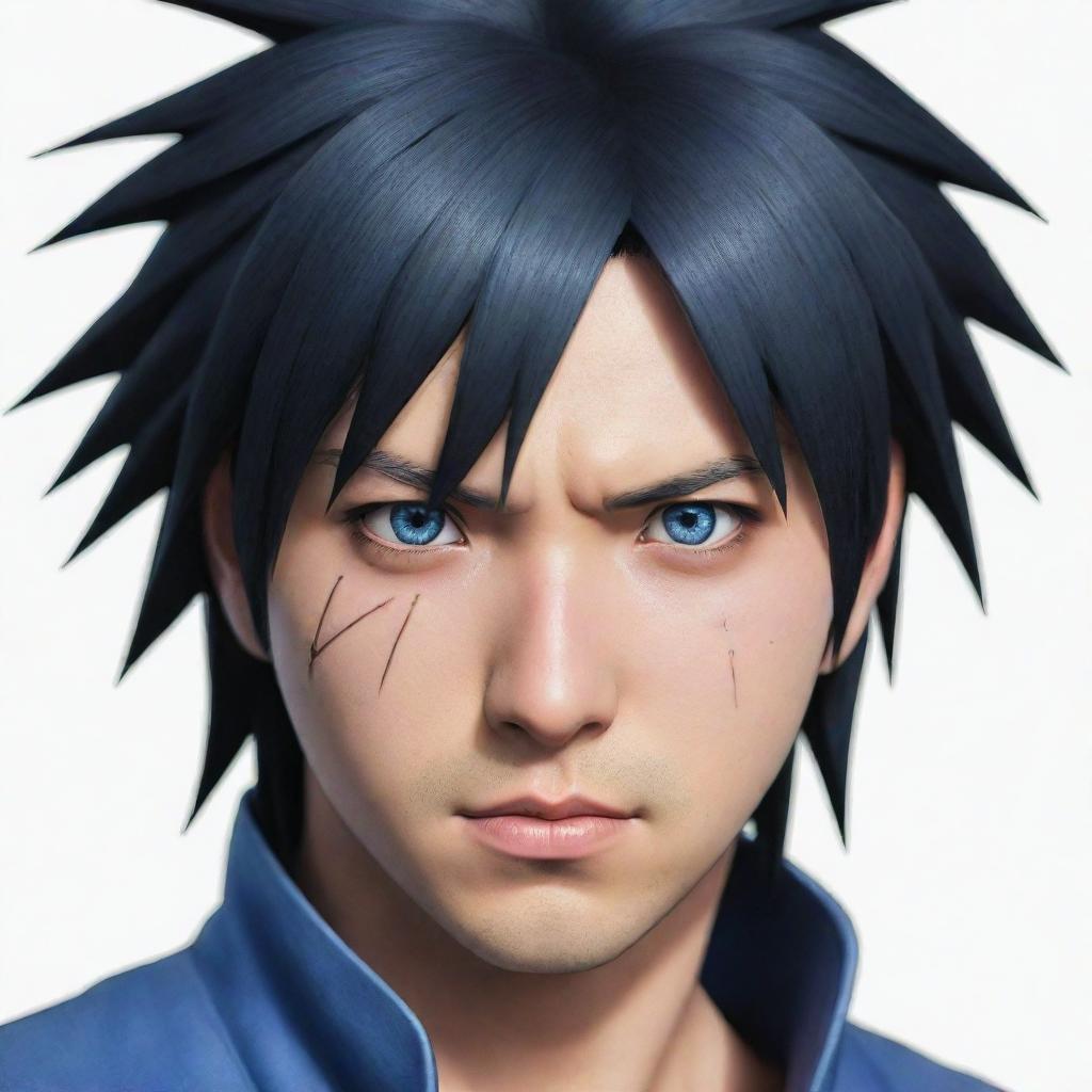 Highly detailed, full-color portrait of Sasuke from Naruto Shippuden. Capture his distinctive spiky black hair, blue eyes, and visible Sharingan.