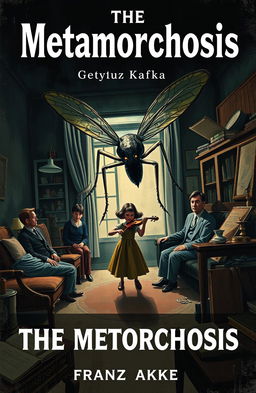 A dramatic and surreal book cover illustration inspired by 'The Metamorphosis' by Franz Kafka, depicting the moment Gregor Samsa emerges from his room as a giant insect