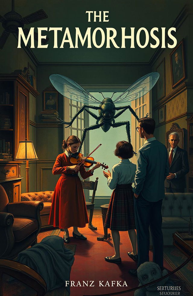 A dramatic and surreal book cover illustration inspired by 'The Metamorphosis' by Franz Kafka, depicting the moment Gregor Samsa emerges from his room as a giant insect