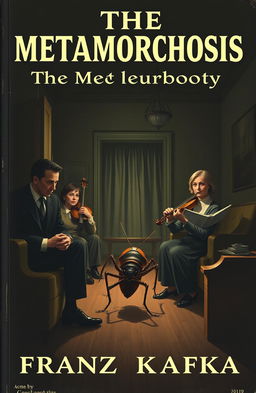A book cover inspired by 'The Metamorphosis' by Franz Kafka, featuring Gregor Samsa, now transformed into a large cockroach, creeping out of his room