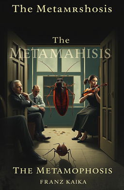 A book cover inspired by 'The Metamorphosis' by Franz Kafka, featuring Gregor Samsa, now transformed into a large cockroach, creeping out of his room