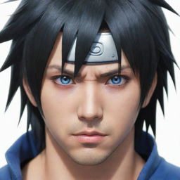 Highly detailed, full-color portrait of Sasuke from Naruto Shippuden. Capture his distinctive spiky black hair, blue eyes, and visible Sharingan.