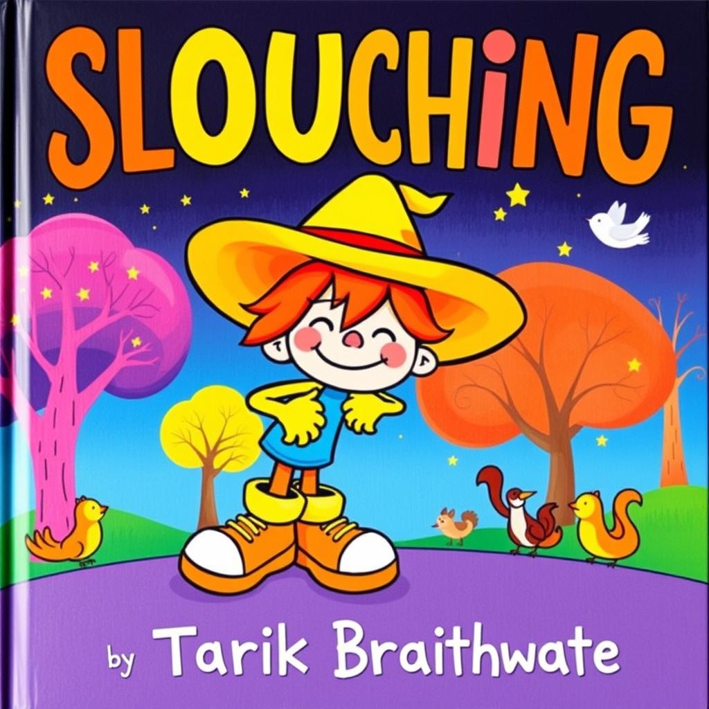 A whimsical and colorful children's book cover titled 'SLOUCHING' by Tarik Braithwaite, featuring a cute and cartoonish character with a playful expression slouching in a fun and exaggerated way