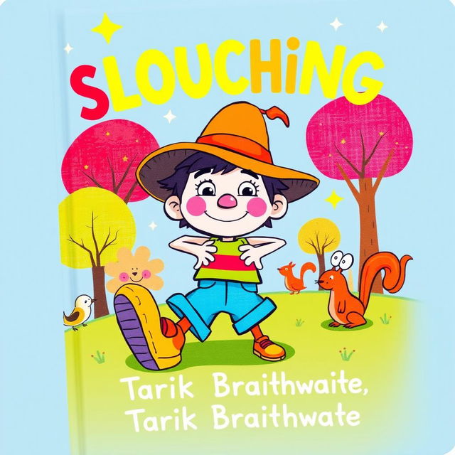 A whimsical and colorful children's book cover titled 'SLOUCHING' by Tarik Braithwaite, featuring a cute and cartoonish character with a playful expression slouching in a fun and exaggerated way