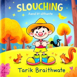 A whimsical and colorful children's book cover titled 'SLOUCHING' by Tarik Braithwaite, featuring a cute and cartoonish character with a playful expression slouching in a fun and exaggerated way
