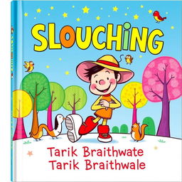 A whimsical and colorful children's book cover titled 'SLOUCHING' by Tarik Braithwaite, featuring a cute and cartoonish character with a playful expression slouching in a fun and exaggerated way