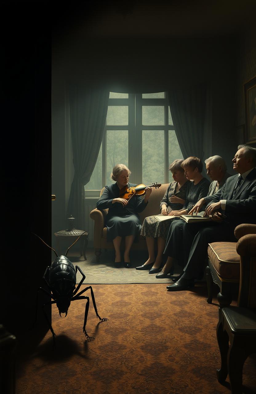 A dimly lit living room depicting a scene from Franz Kafka's "The Metamorphosis