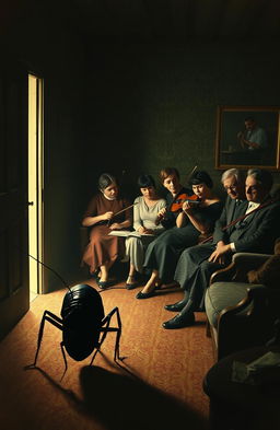 A dimly lit living room depicting a scene from Franz Kafka's "The Metamorphosis