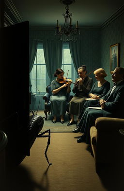 A dimly lit living room depicting a scene from Franz Kafka's "The Metamorphosis