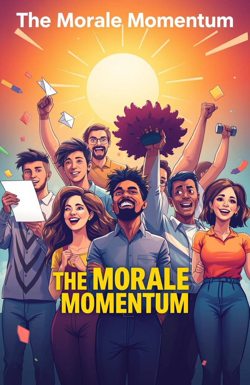 A visually inspiring scene representing 'The Morale Momentum', featuring a group of diverse individuals, each displaying a strong sense of determination and teamwork