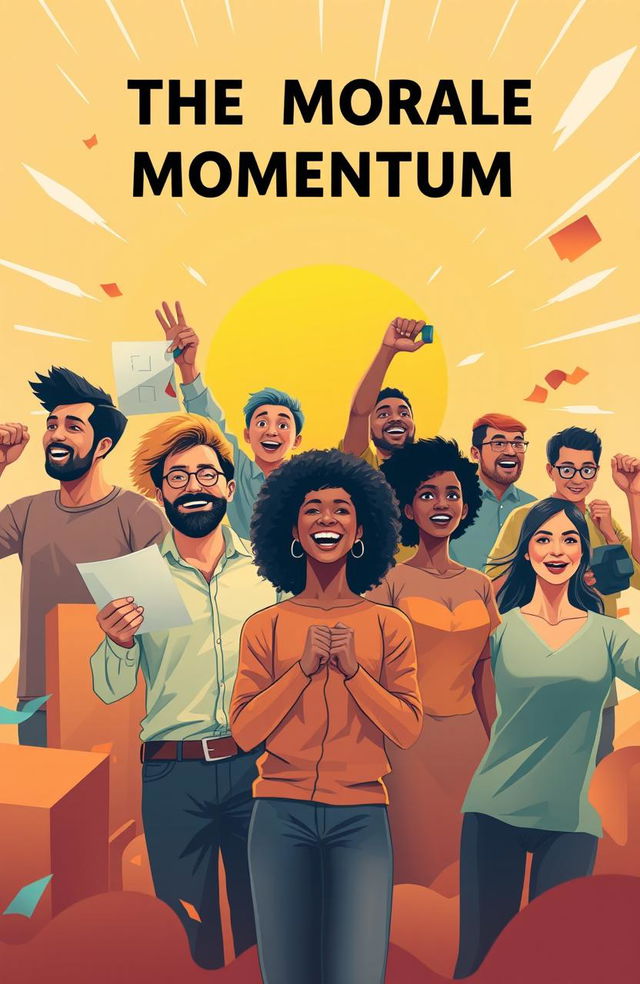 A visually inspiring scene representing 'The Morale Momentum', featuring a group of diverse individuals, each displaying a strong sense of determination and teamwork