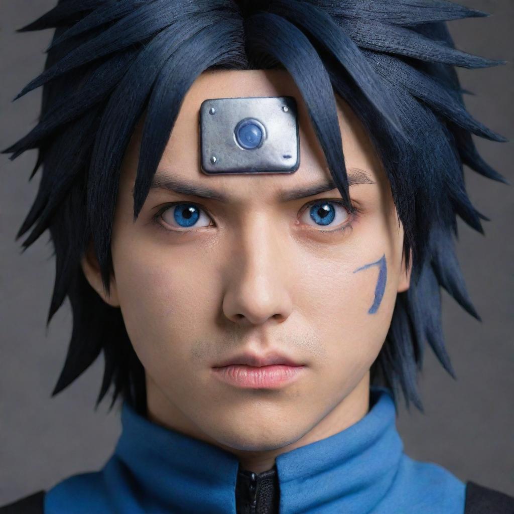 Recreate a detailed and accurate portrayal of the anime character Sasuke from Naruto Shippuden. Emphasize his distinguishing features such as his spiky black hair, Sharingan eyes, and blue ninja outfit.