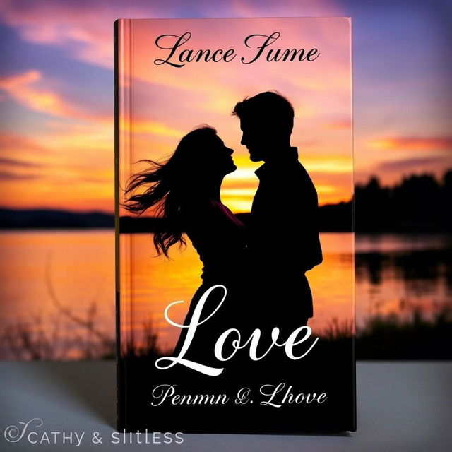 A romantic book cover featuring a beautiful sunset by a serene lake, with two silhouettes of a couple standing close together, gazing into each other's eyes