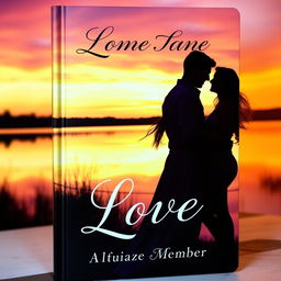 A romantic book cover featuring a beautiful sunset by a serene lake, with two silhouettes of a couple standing close together, gazing into each other's eyes