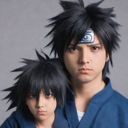 Recreate a detailed and accurate portrayal of the anime character Sasuke from Naruto Shippuden. Emphasize his distinguishing features such as his spiky black hair, Sharingan eyes, and blue ninja outfit.