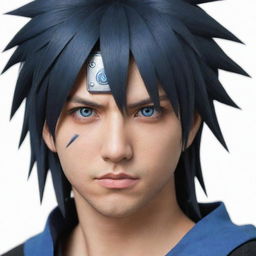 Recreate a detailed and accurate portrayal of the anime character Sasuke from Naruto Shippuden. Emphasize his distinguishing features such as his spiky black hair, Sharingan eyes, and blue ninja outfit.