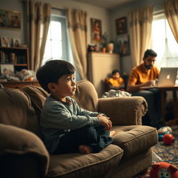 An emotional scene depicting a young orphan boy sitting on a worn-out sofa in a cozy but cluttered living room, looking out of a window with a hopeful expression; the foster family in the background, showing signs of struggle but warmth, perhaps a mother figure holding a cup of tea, and a father figure working on a laptop with a concerned look