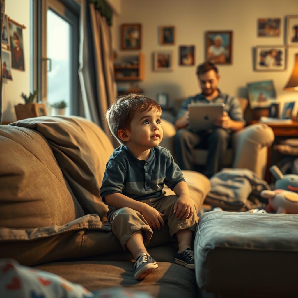 An emotional scene depicting a young orphan boy sitting on a worn-out sofa in a cozy but cluttered living room, looking out of a window with a hopeful expression; the foster family in the background, showing signs of struggle but warmth, perhaps a mother figure holding a cup of tea, and a father figure working on a laptop with a concerned look