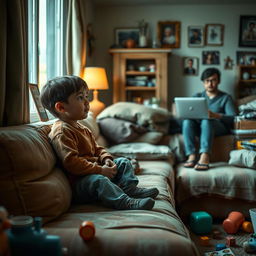 An emotional scene depicting a young orphan boy sitting on a worn-out sofa in a cozy but cluttered living room, looking out of a window with a hopeful expression; the foster family in the background, showing signs of struggle but warmth, perhaps a mother figure holding a cup of tea, and a father figure working on a laptop with a concerned look
