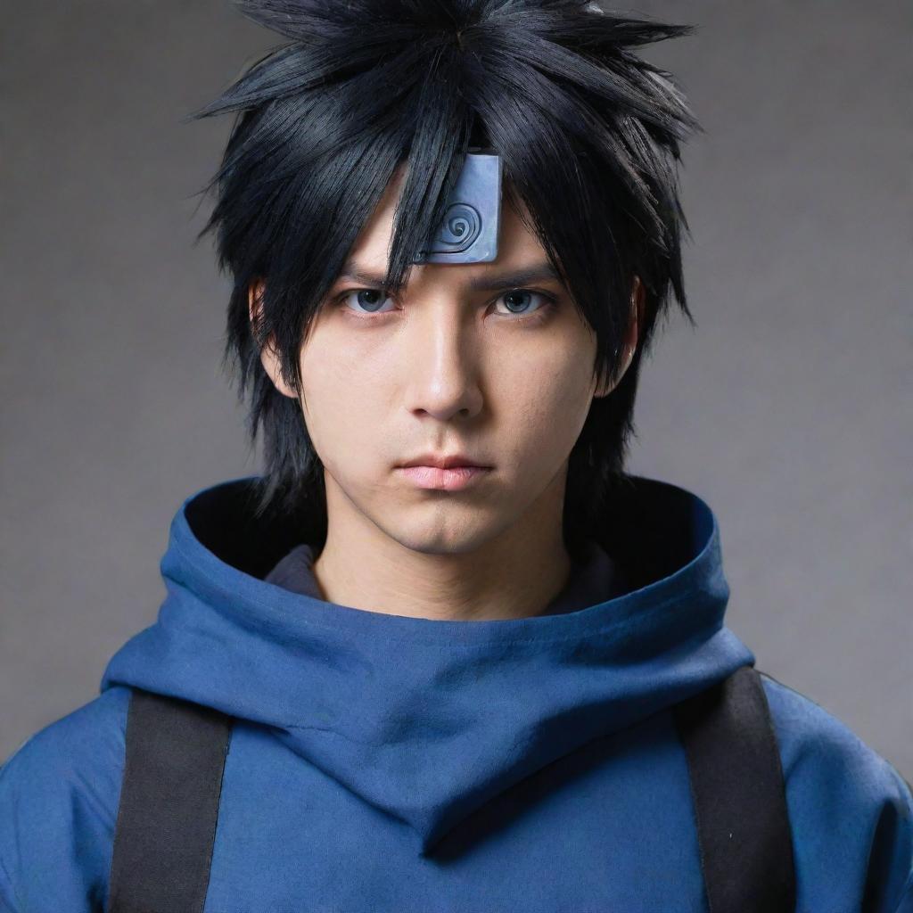 Recreate a detailed and accurate portrayal of the anime character Sasuke from Naruto Shippuden. Emphasize his distinguishing features such as his spiky black hair, Sharingan eyes, and blue ninja outfit.