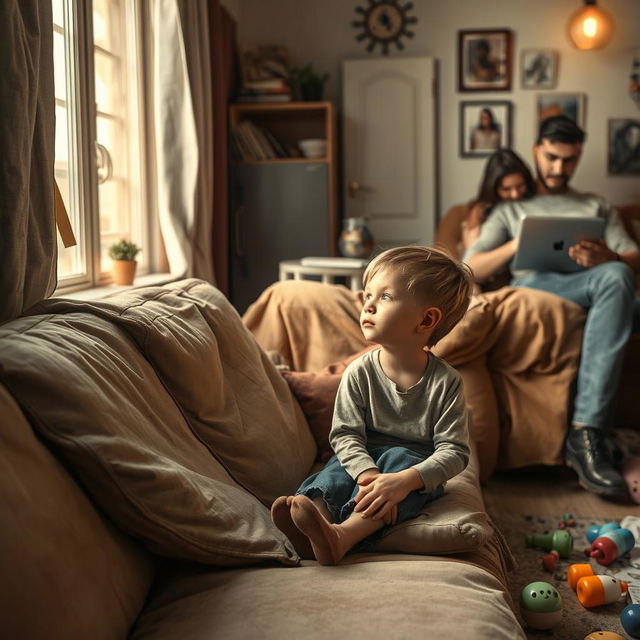 An emotional scene depicting a young orphan boy sitting on a worn-out sofa in a cozy but cluttered living room, looking out of a window with a hopeful expression; the foster family in the background, showing signs of struggle but warmth, perhaps a mother figure holding a cup of tea, and a father figure working on a laptop with a concerned look