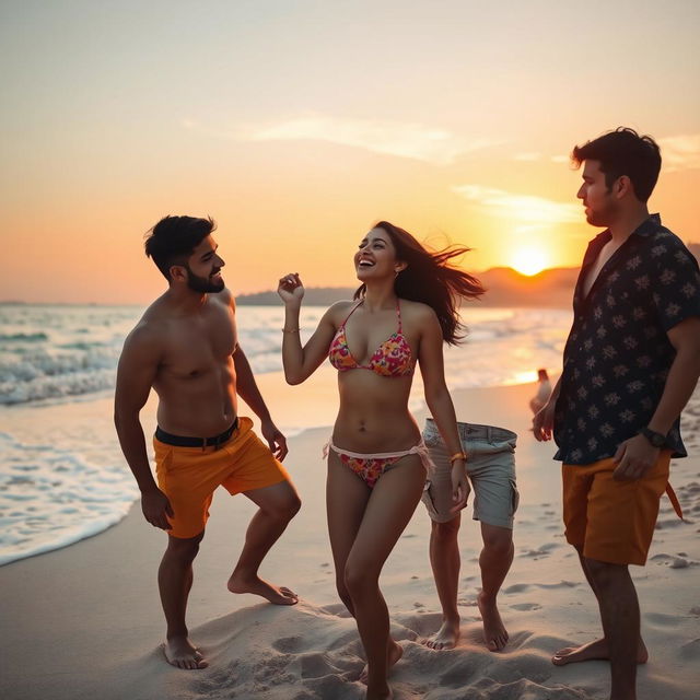 A captivating scene on a picturesque beach featuring Nushrat Bharucha, playfully enjoying a carefree moment with two men