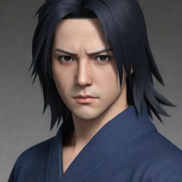 Create an image of the character Sasuke with long hair, swept to the left side of his face. He's not wearing a headband but donning a robe, and his eyes are jet black.