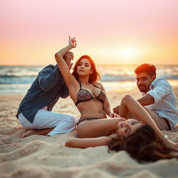 A sultry beach scene featuring Nushrat Bharucha lying elegantly on the warm sand, surrounded by two men who are playfully interacting with her